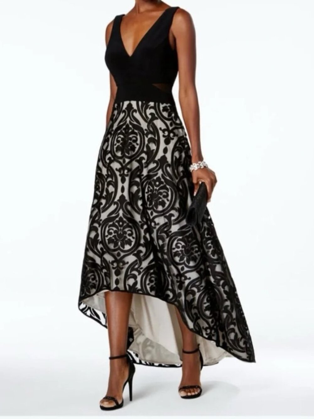 Xscape hi-lo burnout maxi dress, black size 14